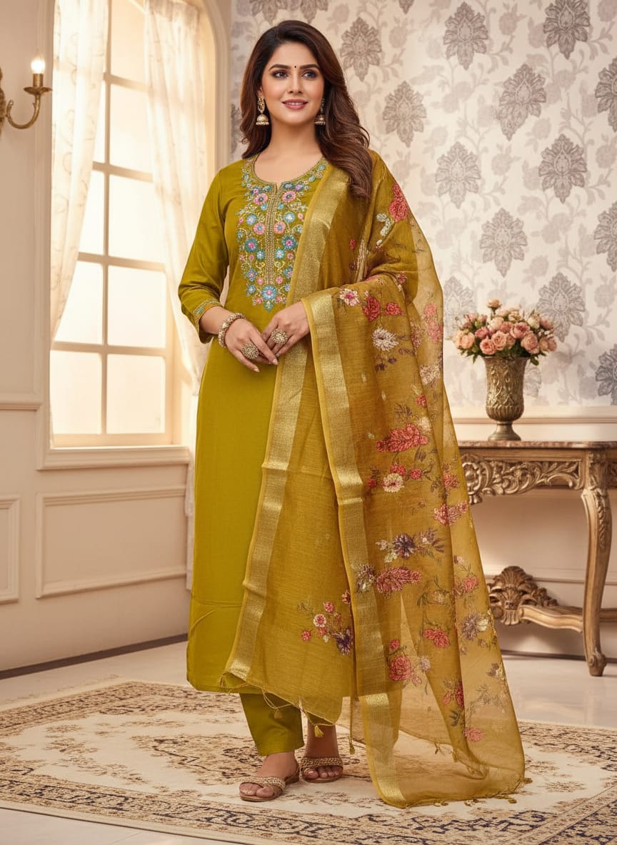 Premium Roman Silk Embroidered Kurti Pant Dupatta Set – Festive Collection
