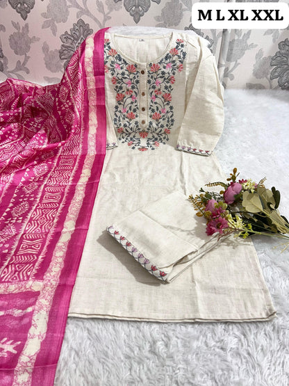 Elegant Handloom Khadi Cotton Embroidered Kurti Set with Khadi Silk Dupatta