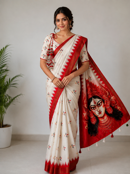 Durga Puja Special Handloom Tussar Saree with Heavy Printed Pallu & Blouse