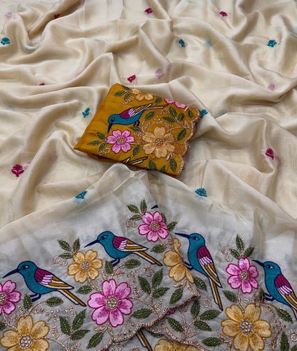Rangoli Silk Saree with Heavy Floral Work Border & Contrast Designer Blouse