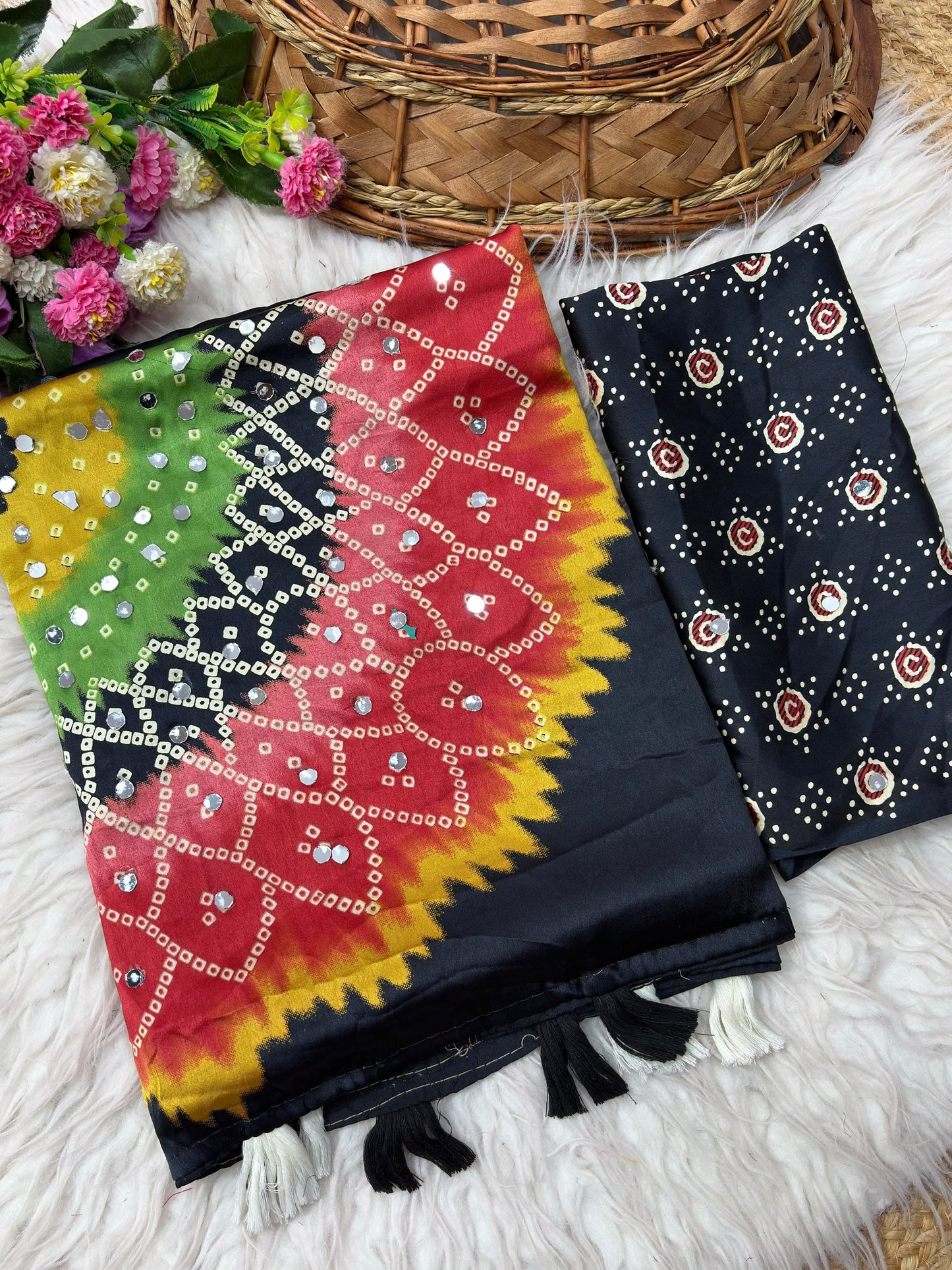 Premium Japan Satin Mirror Work Saree with Tassel Pallu