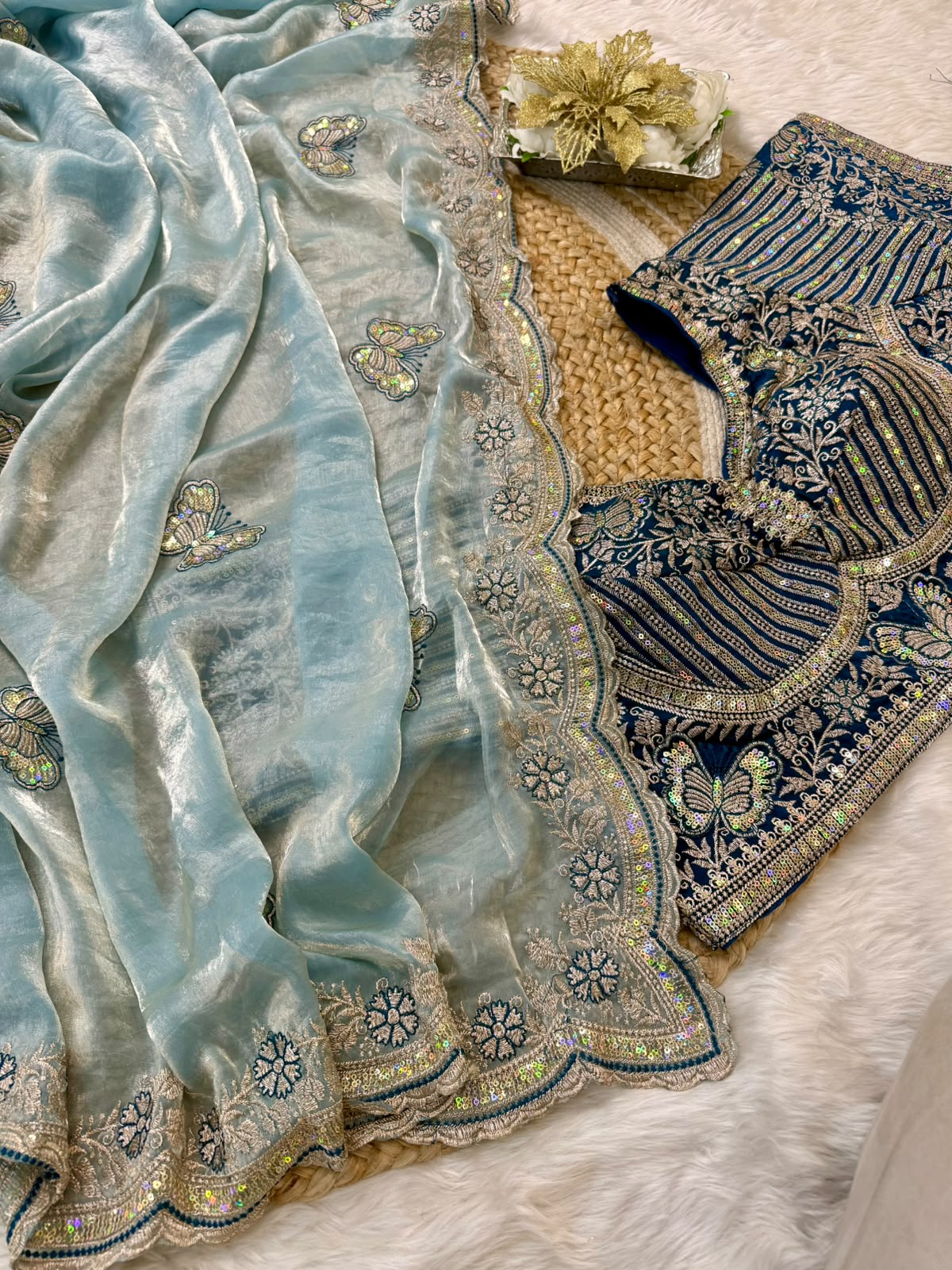 Sabyasachi Inspired Space Silk Saree with Butterfly Embroidery & Stitched Blouse