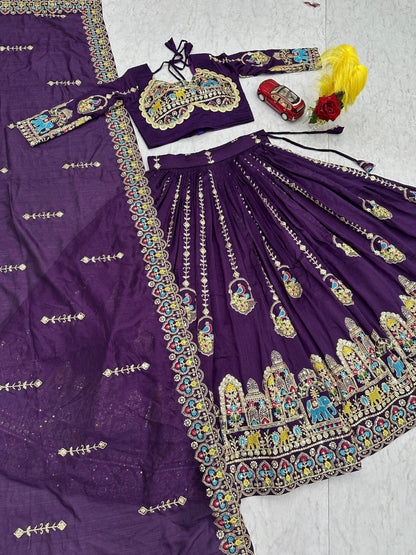 Women's Festival Wear Vichitra Silk Embroidered Lehenga Choli Set with Dupatta