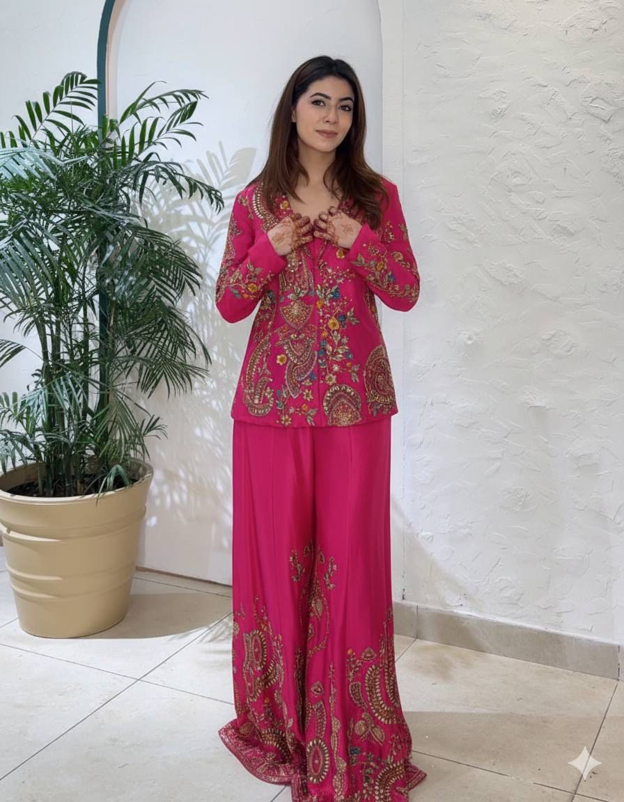 Designer Party Wear Embroidery Jacket Palazzo Set – Heavy Chinon 3 Piece Outfit