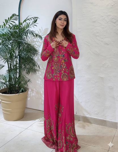 Designer Party Wear Embroidery Jacket Palazzo Set – Heavy Chinon 3 Piece Outfit