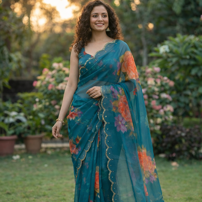 Soft Pure Georgette Digital Print Handwork Saree with Fancy Border