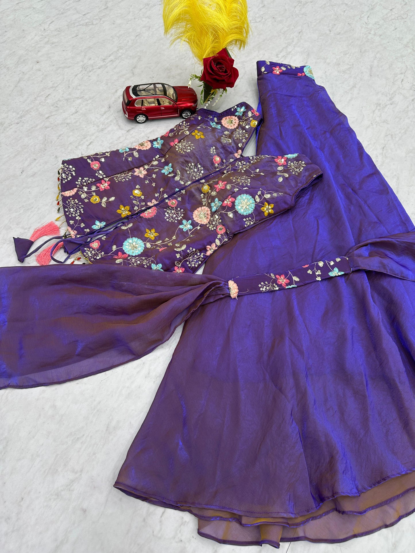 Purple Tissue Embroidery Palazzo Set with Dupatta