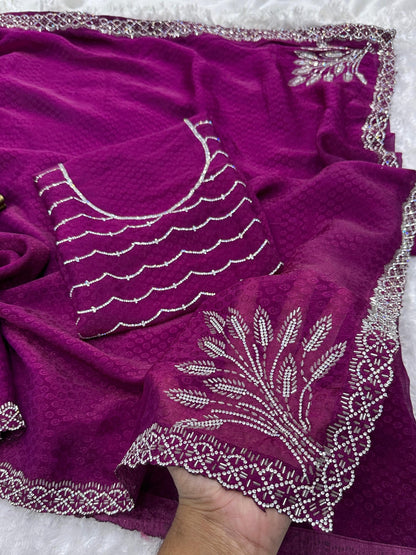 Pure Two Tone Fandy Satin Swarovski Work Partywear Saree with Jacquard Blouse