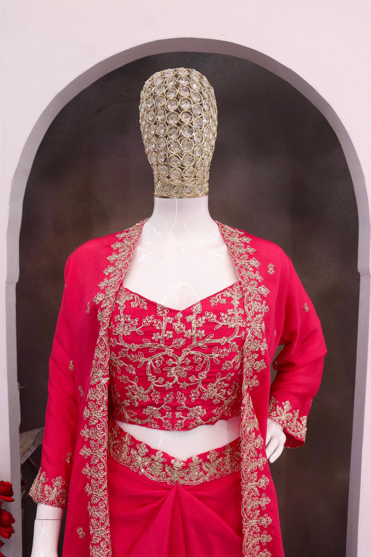 Premium Chinon Silk Embroidered Shrug Sharara Set – Party & Festive Wear