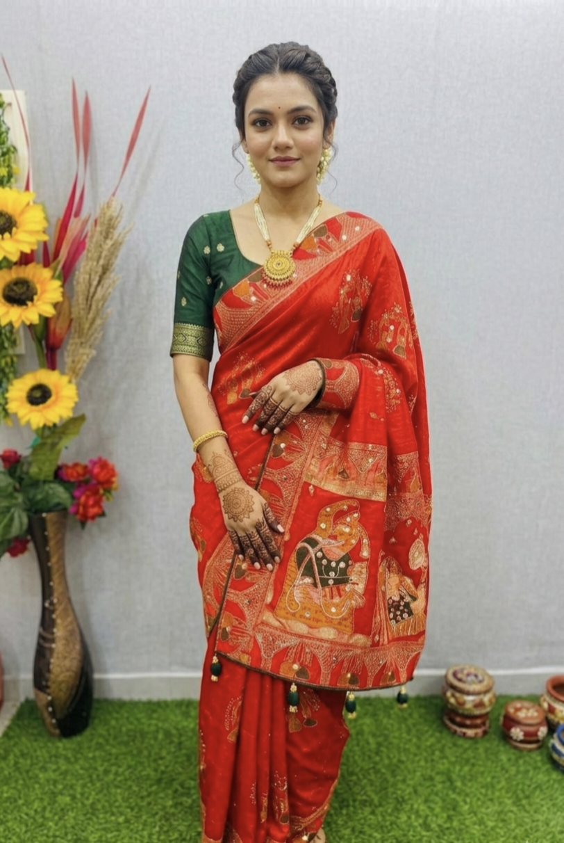 Luxury Dola Silk Designer Saree with Heavy Zari Work & Bridal Pallu