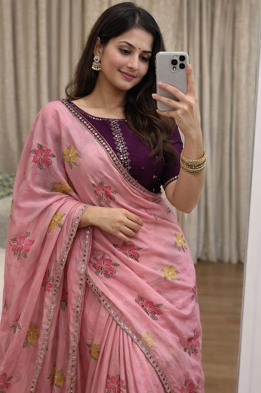 Chinon Silk Embroidery Saree