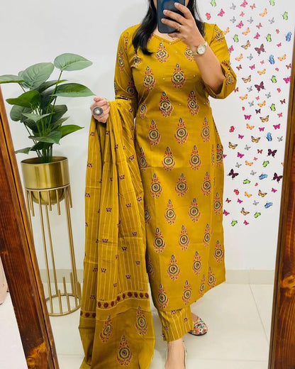 Pure Heavy Cotton Embroidered Kurti Pant Dupatta Set
