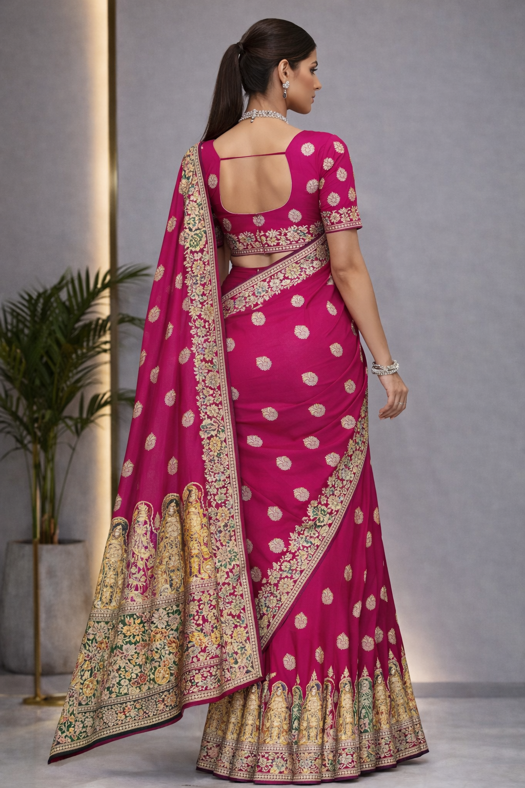Pure Silk Meenakari Foil Print Designer Saree With Contrast Blouse