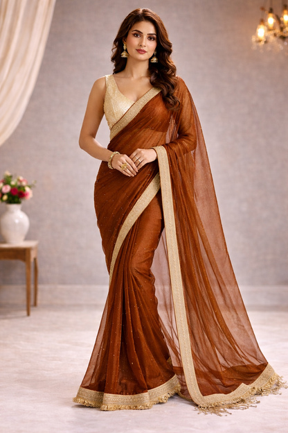 New Arrival Pure Soft Twills Organza Saree with Lace & Butti Work
