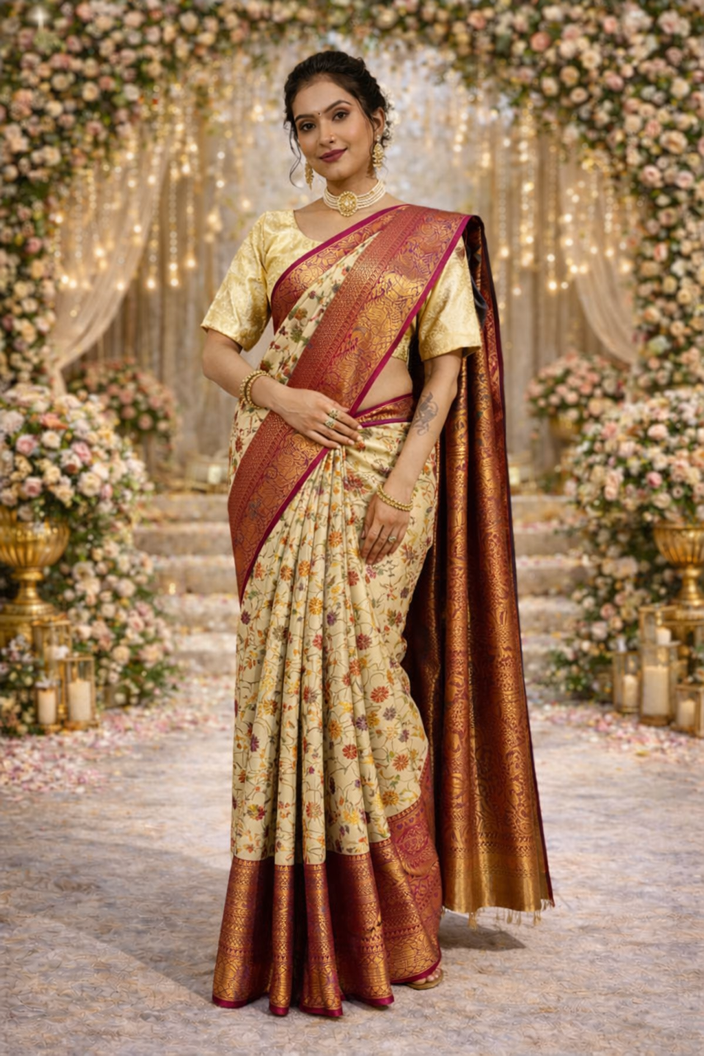 Pure Kanjivaram Silk Saree With Rich Zari Weaving & Contrast Border