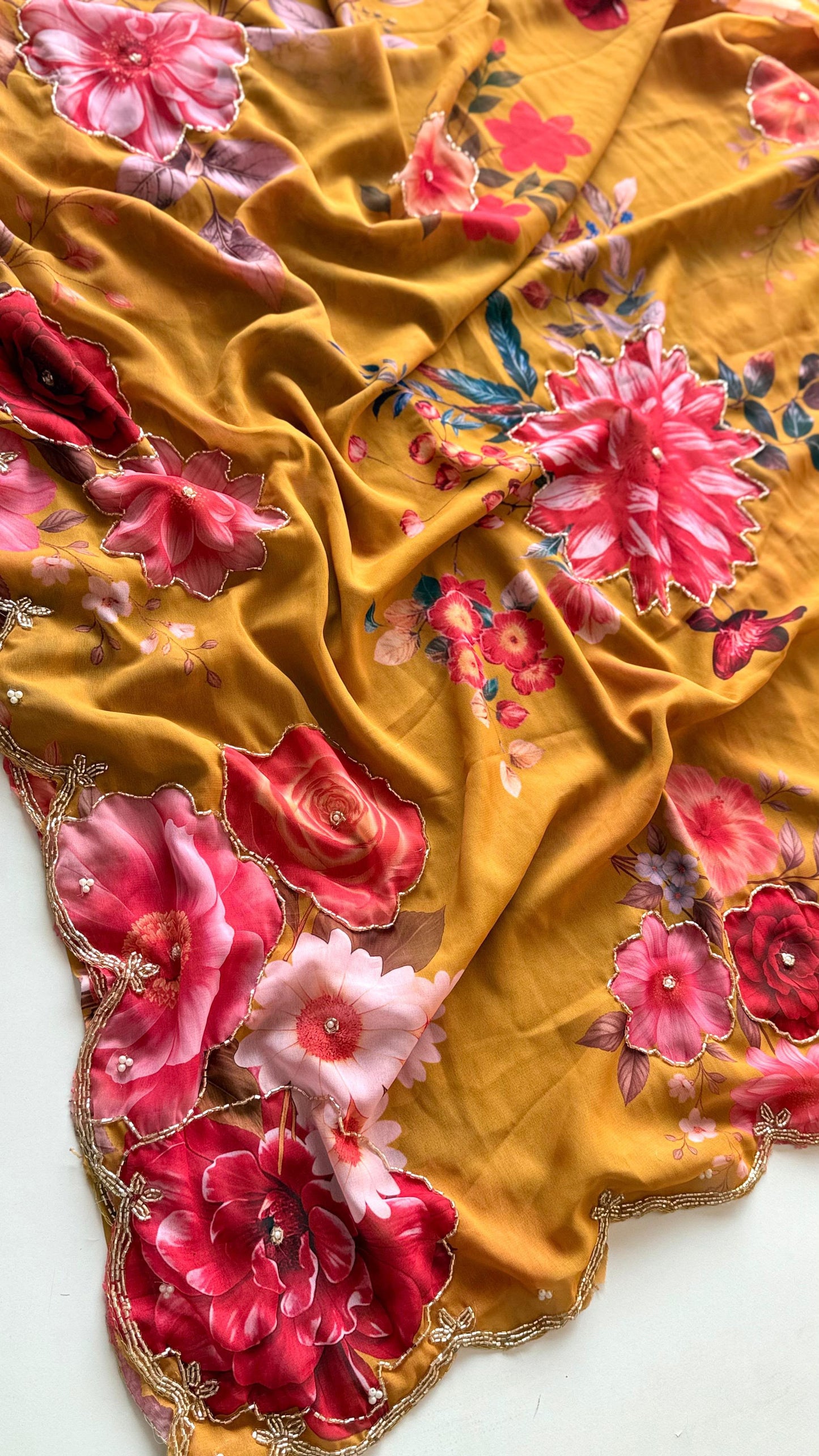 Guldasta Pure Georgette Silk Saree with Digital Floral Print & Cutdana Work