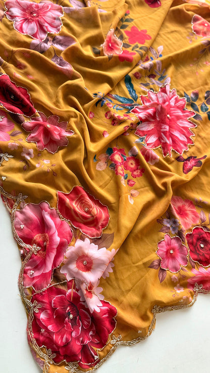 Guldasta Pure Georgette Silk Saree with Digital Floral Print & Cutdana Work