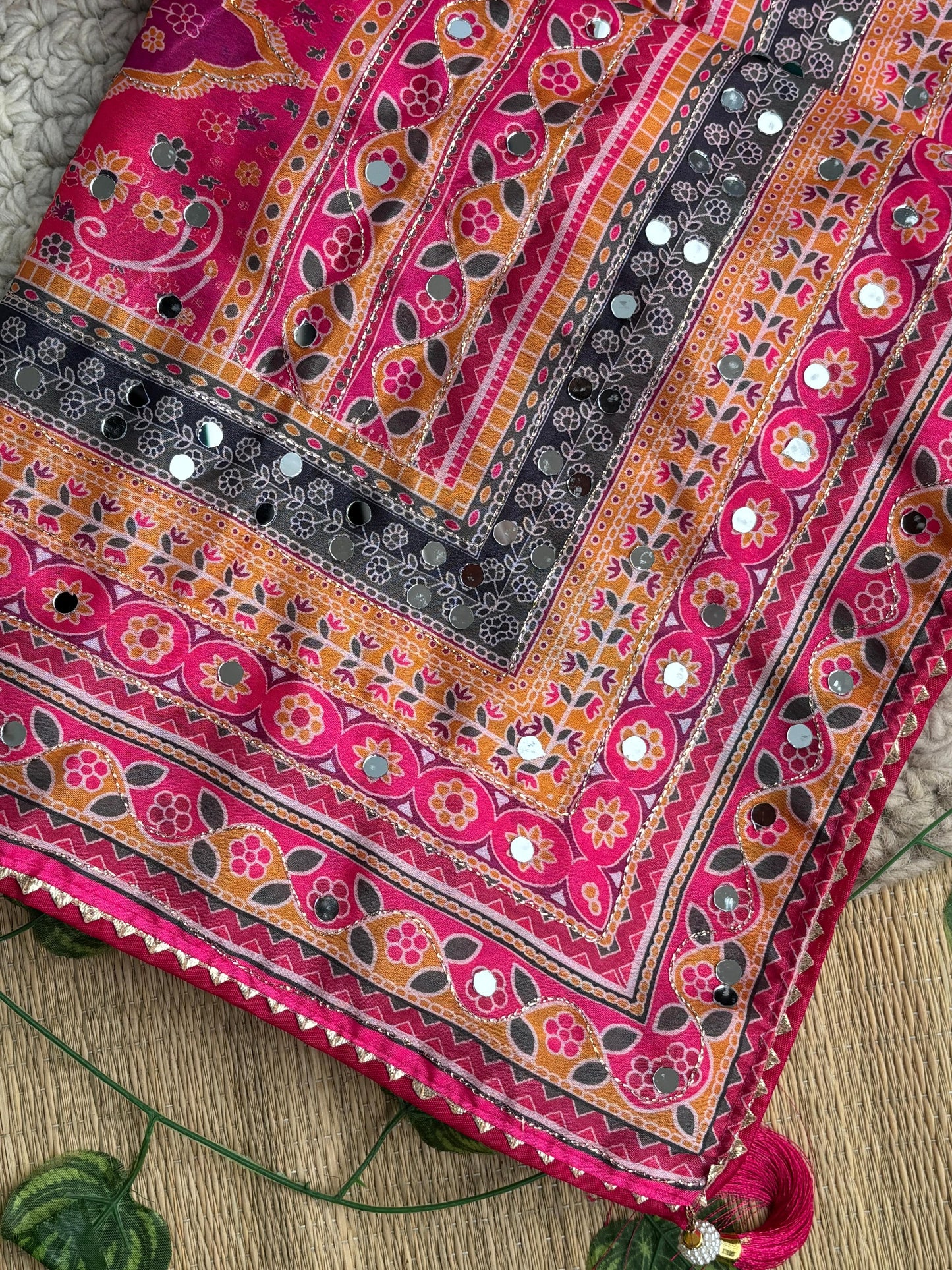Karigari Soft Chinon Silk Digital Print Saree with Hand Aari Work & 2000+ Real Mirror Work