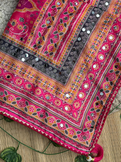 Karigari Soft Chinon Silk Digital Print Saree with Hand Aari Work & 2000+ Real Mirror Work