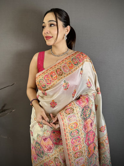 Pashmina Silk Kashmiri Saree With Meenakari Zari Weaving Border & Rich Pallu