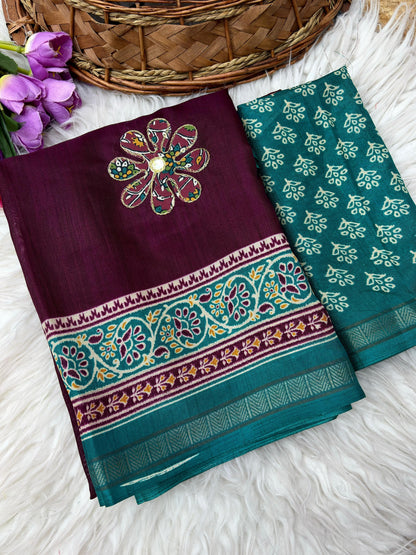 Premium Mul Cotton Printed Saree with Mirror Work & Designer Border