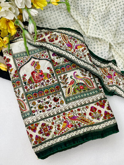 Premium Pure Moss Chiffon Saree with Peacock Floral Print & Mirror Work