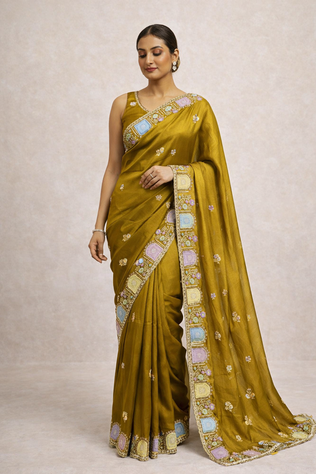 Star Satin Georgette Saree with Thread & Sequins Embroidery Border
