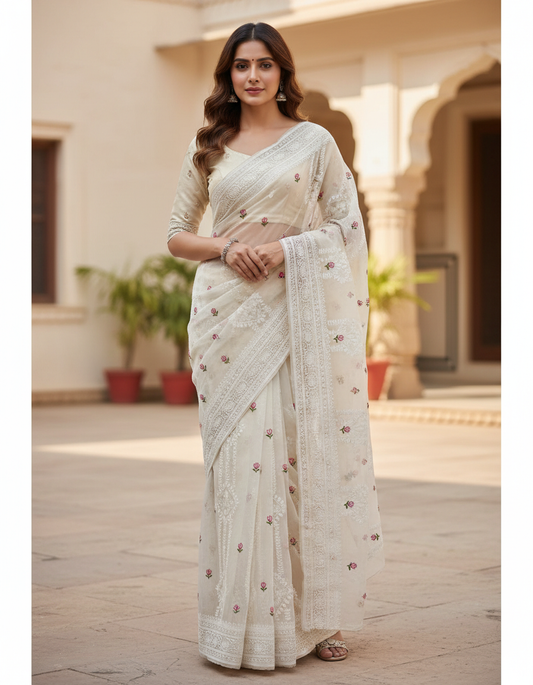 Pure Soft Organza Silk Saree with Lucknowi Embroidery & Silver Zari Work