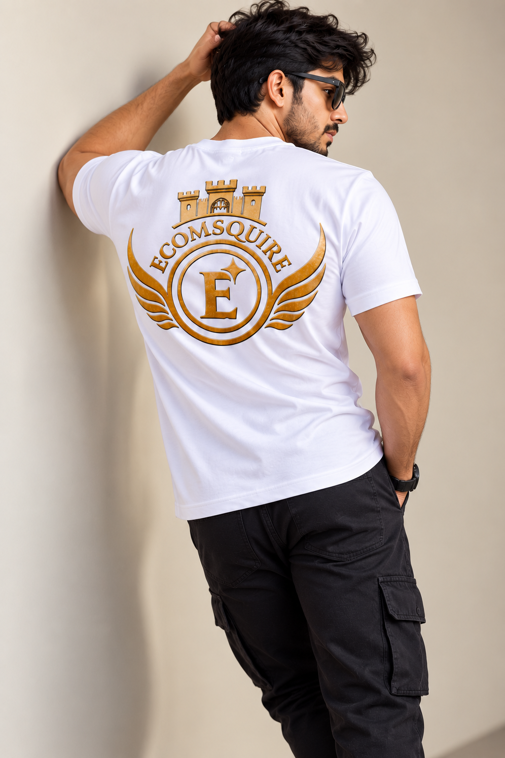 EcomSquire Premium 100% Pure Cotton White T-Shirt with Golden Logo | Trusted by Customers Across the USA