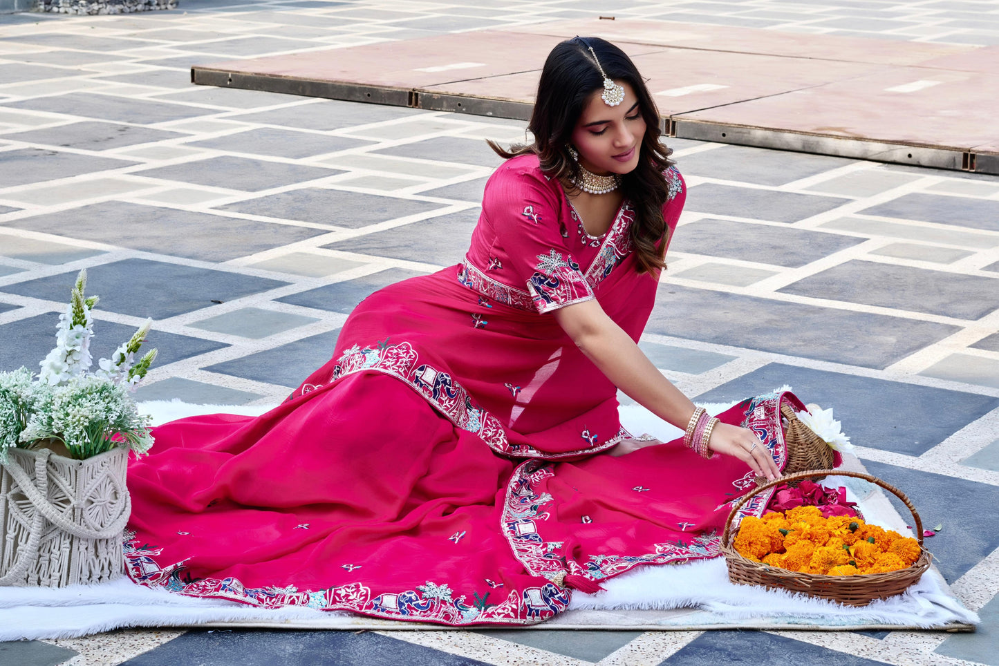 Pure Satin Chiffon Embroidery Wedding Saree with Latkan & Mono Silk Blouse – Festival Special