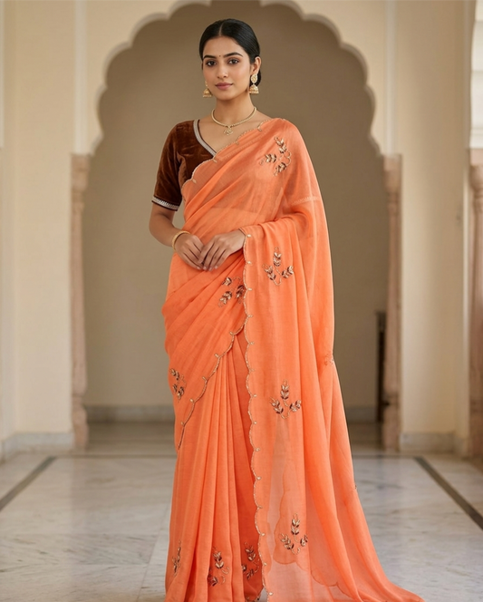 Premium Chiffon Saree with Scalloped Border & Embroidery Work – Elegant Party Wear