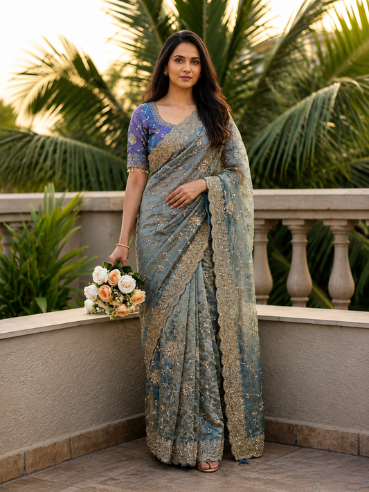 Adhya Fendy Chiffon Two Tone Saree with Embroidery, 3mm Sequence Jari Work & Fully Stitched Blouse | 6 Colors