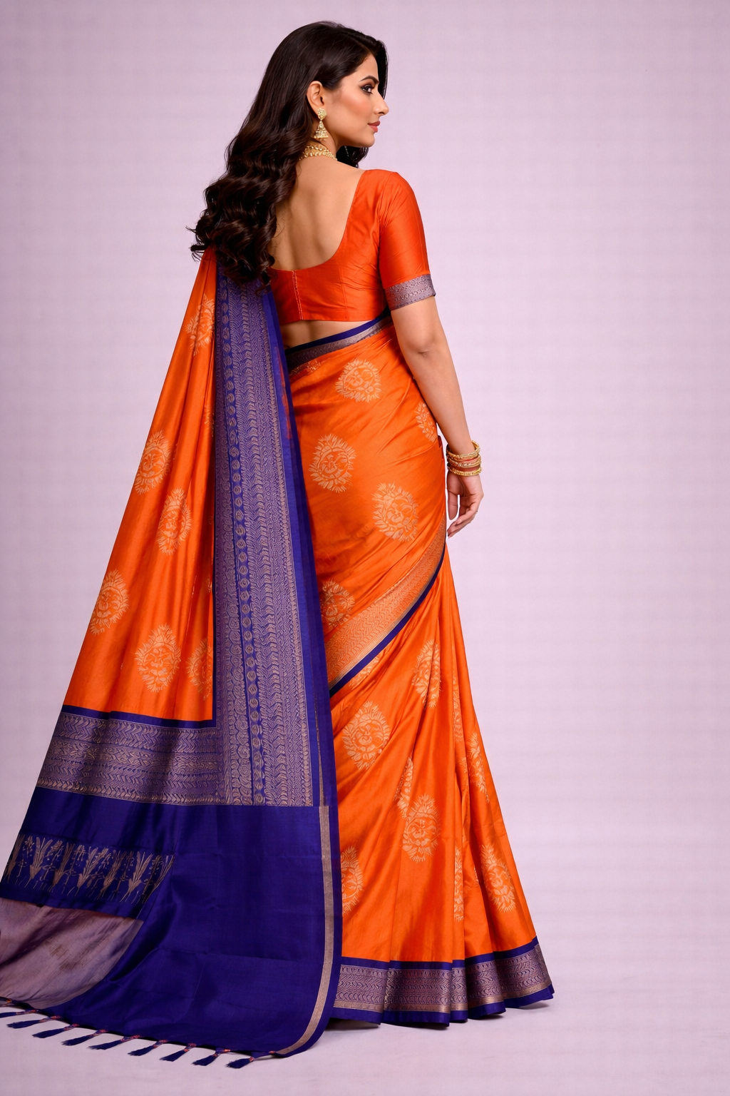 Orange Blue Jacquard Saree