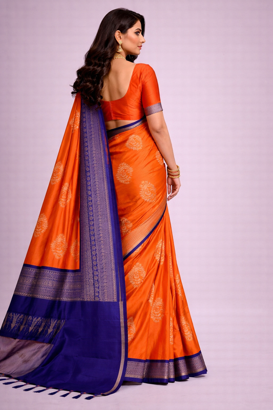 Orange Blue Jacquard Saree