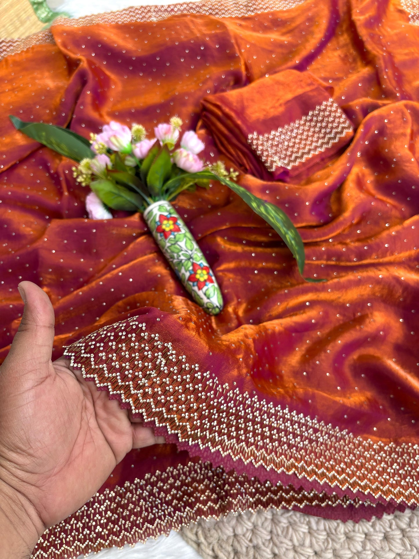 Rihana Two Tone Fendy Satin Saree with Jharkhand Work Border