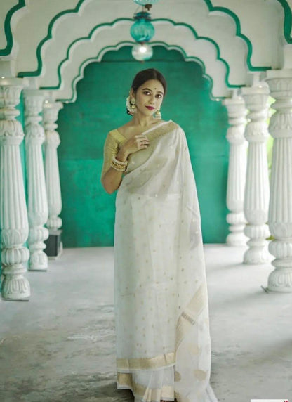 Off White Zari Work Saree