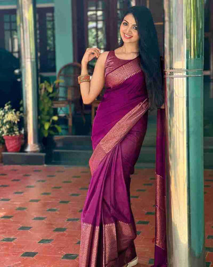 Purple Silk Saree with Golden Border