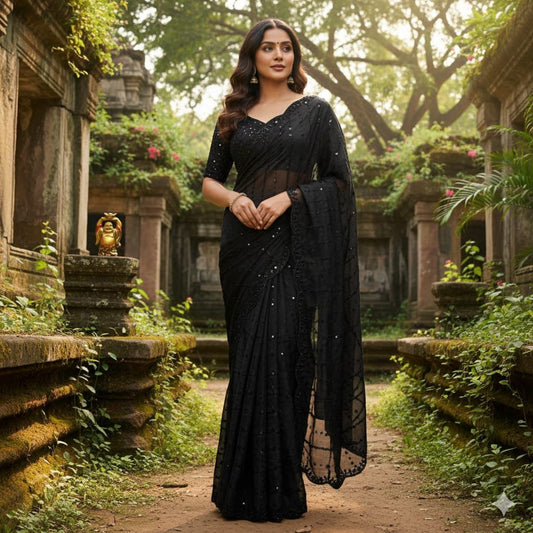 Black Beads Work Space Silk Party Wear Saree