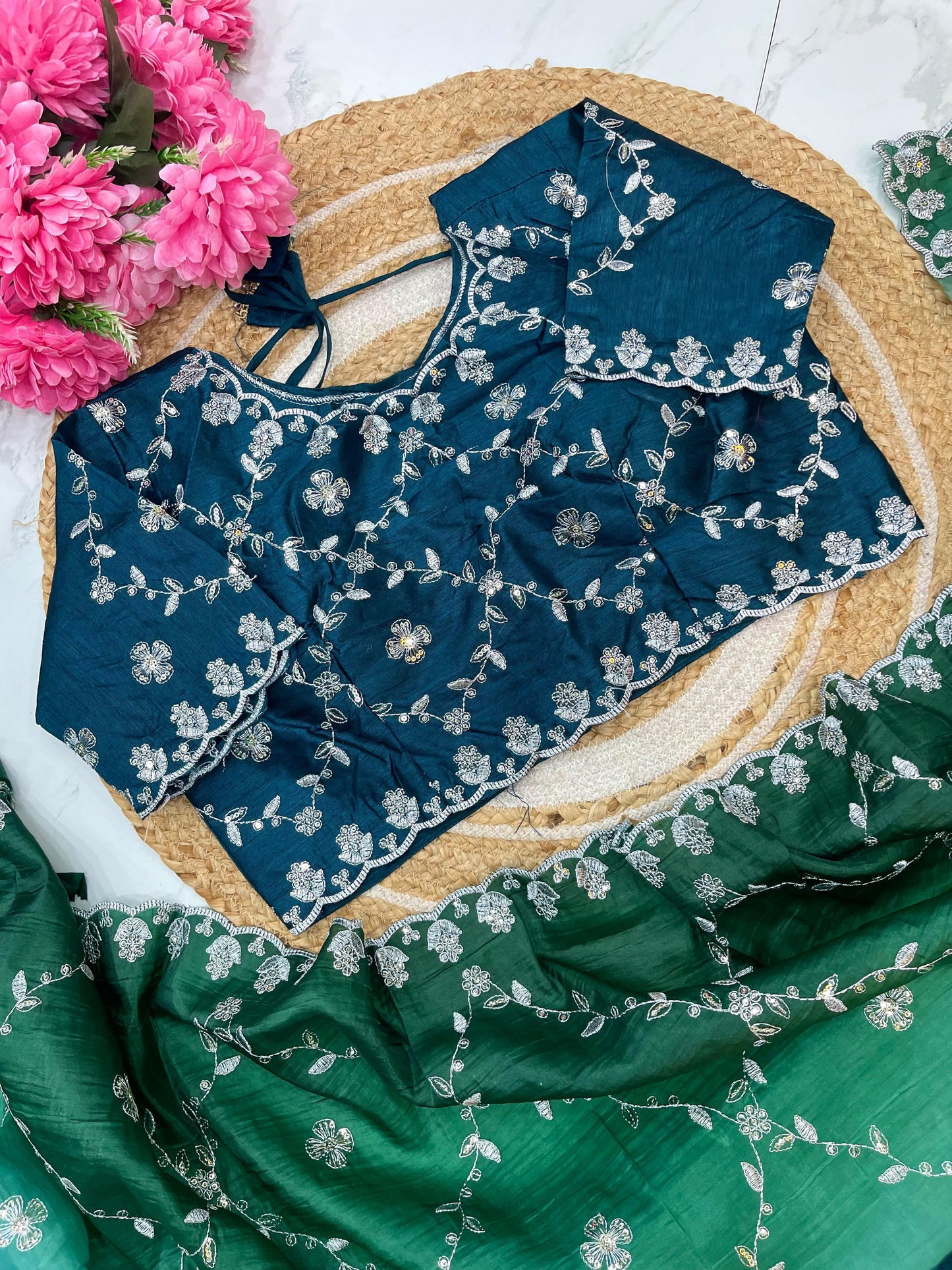 Gold Crush Embroidery Sequence Work Saree With Fully Stitched Blouse (5 Colours)