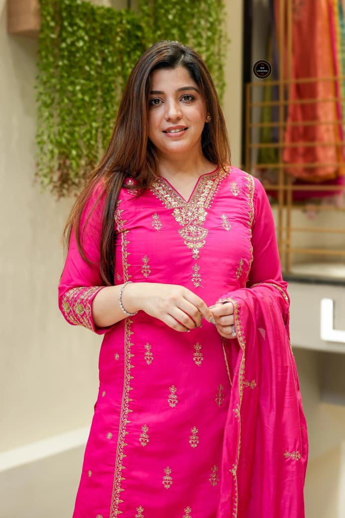 Festival Special Chanderi Embroidered Kurti Set with Dupatta