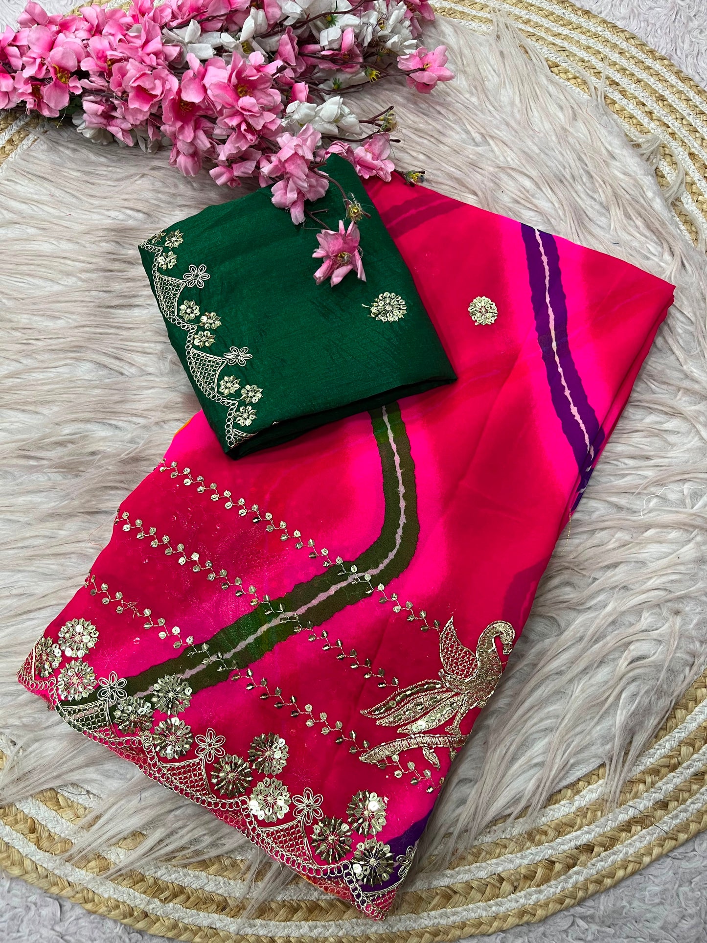 Premium Pink Organza Silk Saree with Heavy Embroidery & Mirror Work | Designer Party Wear Saree