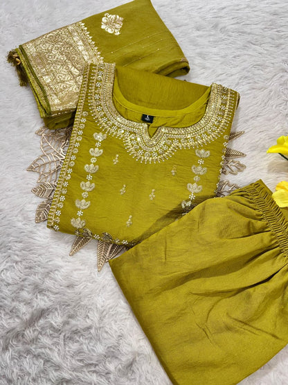 Premium Roman Silk Embroidered Kurti Pant Dupatta Set (M–6XL)