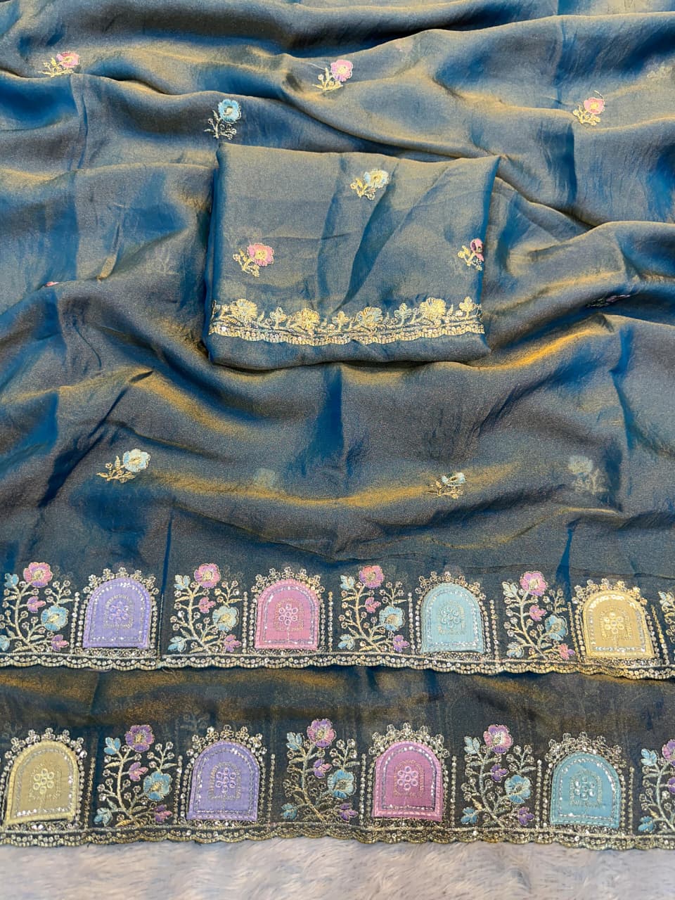 Star Satin Georgette Saree with Thread & Sequins Embroidery Border