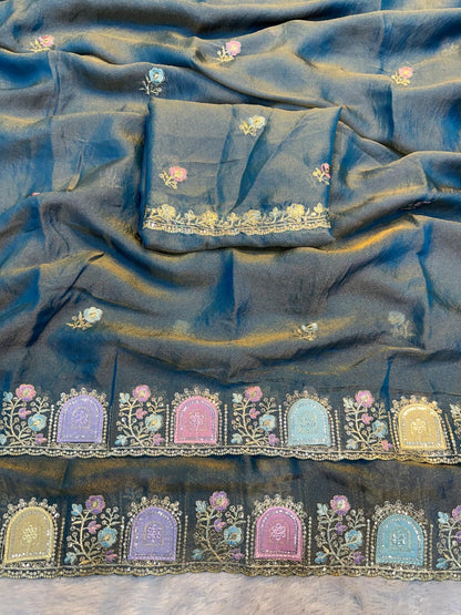 Star Satin Georgette Saree with Thread & Sequins Embroidery Border