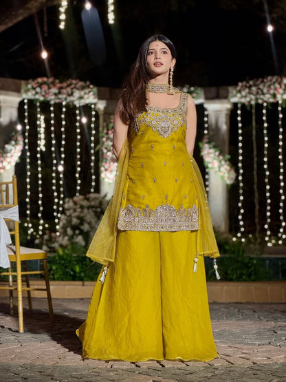 Heavy Two Tone Fendy Silk Sharara Suit With Embroidery Sequins Work & Dupatta