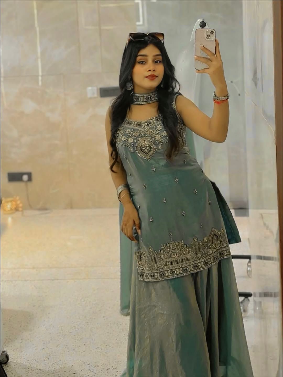 Heavy Two Tone Fendy Silk Sharara Suit With Embroidery Sequins Work & Dupatta