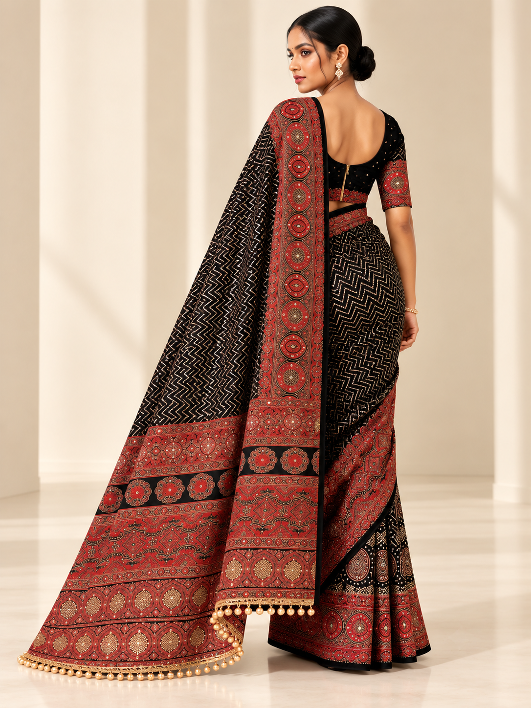 Pure Arjakh Satin Viscose Silk Saree with Original Mirror Work, Designer Print & Blouse