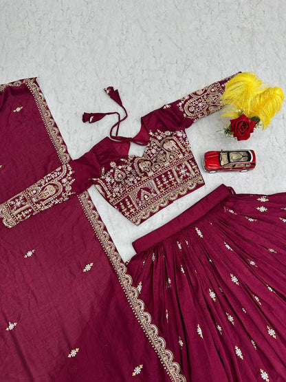 Maroon Heavy Embroidery Vichitra Silk Lehenga Choli