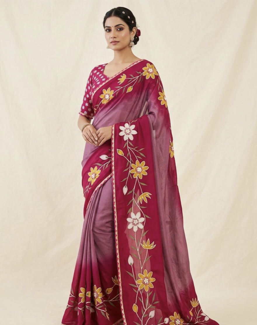 Ombre Floral Printed Saree with Designer Border – Trendy Daily & Festive Wear
