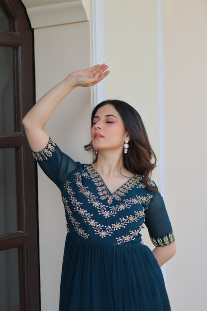 Premium ReadyMade Designer Gown | Faux Blooming Embroidered Party Wear Gown | Rama & Purple